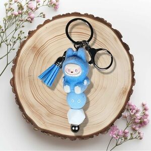 Labubu Hot Blue The Monsters Flocked Keychain with Glossy Bead